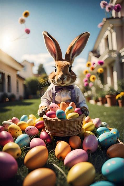 A Picture Of A Large Easter Bunny Carrying A Basket Filled With Eggs