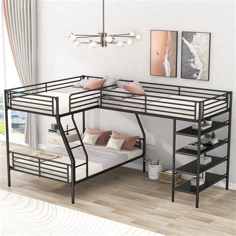 Meritline Metal L Shaped Bunk Bedtriple Bunk Beds For Three Twin Over Full Bunk