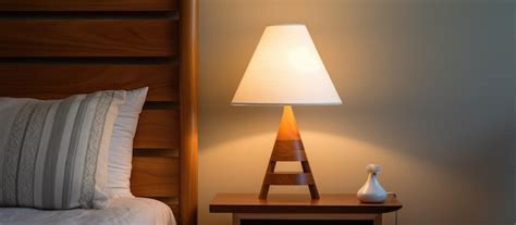 Premium Photo | White light table lamp on cherry wood bedroom detail