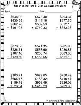 Money Addition Dollars Cents Worksheet Math Problems By Shining Stars