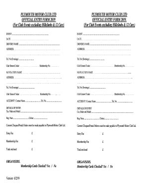 Fillable Online PLYMOUTH MOTOR CLUB LTD OFFICIAL ENTRY FORM 2019 Fax