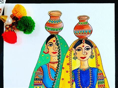 Beautiful Ladies with Matka | Painting on Paper | By Anshu Tripathi | Exotic India Art