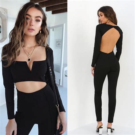 Fashion Womens Backless Playsuit Bodycon Long Sleeve Skinny Jumpsuit Romper Trousers Sexy