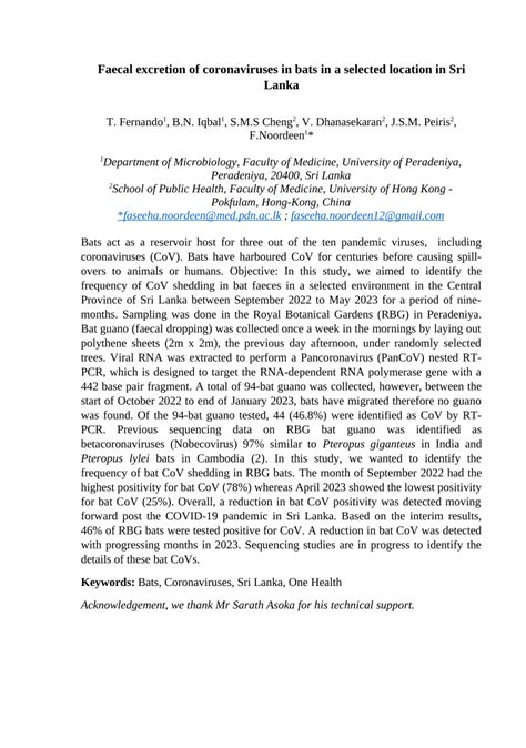 Pdf Faecal Excretion Of Coronaviruses In Bats In A Selected Location