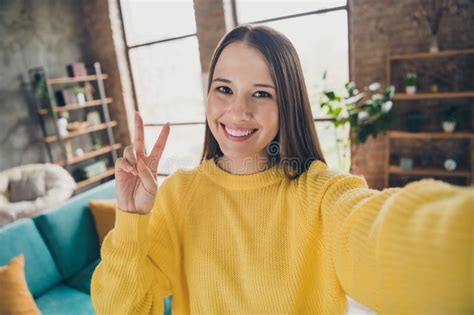 Photo Of Sweet Cheerful Young Girl Wear Striped Shirt Tacking Selfie