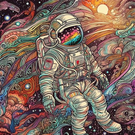 Una ilustración colorida de un astronauta con un arco iris en la cabeza