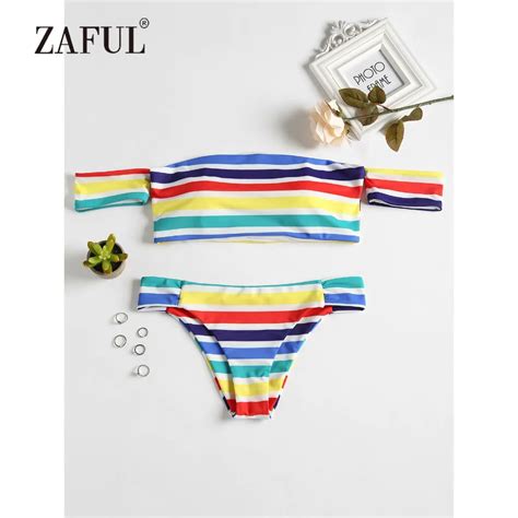 Zaful Off The Shoulder Bikini Set Swimwear Women Rainbow Swimsuit Sexy