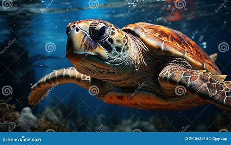 Close Up Of A Beautiful Sea Turtle Swimming Underwater Generated By Ai