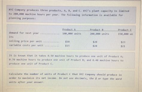 Solved XYZ Company produces three products. A, B, and C. | Chegg.com