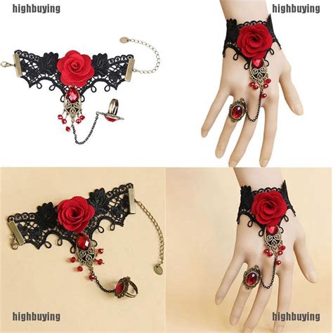 Gothic Lace Red Rose Bracelet With Adjustable Finger Ring Shopee Malaysia