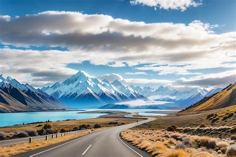 Premium AI Image Scenic Winding Road Along Lake Pukaki To Mount Cook