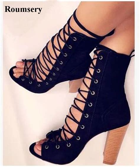 New Fashion Women Open Toe Lace Up Suede Leather Thick Heel Ankle Boots