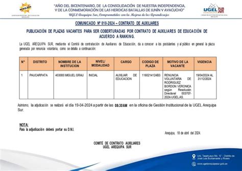 COMUNICADO Nº 010 2024 CONTRATO DE AUXILIARES