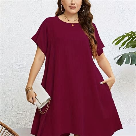 Plus Size Casual Dress Womens Plus Solid Ribbed Short Sleeve Round