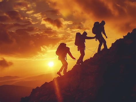 Tres hombres están subiendo una montaña con una puesta de sol en el