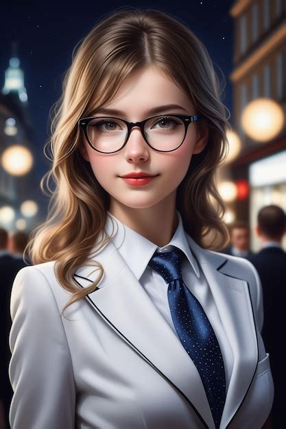 Premium Photo A Pretty European Girl In Suit And Glasses Is Standing On The Street At Night In