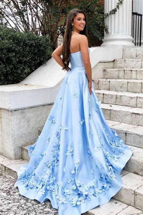 Fashion Prom Dresses Strapless A Line Long Sky Blue Prom Dress Floral Anna Promdress