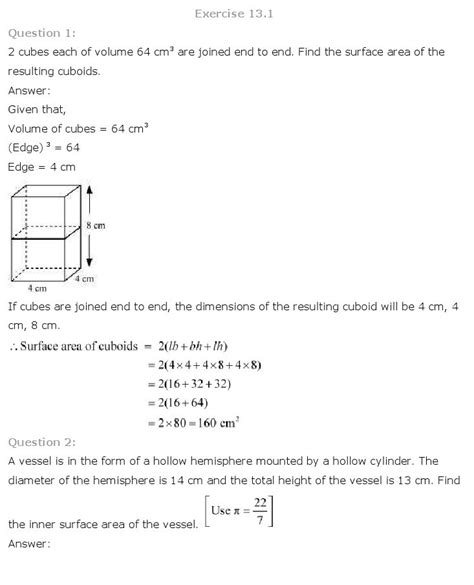 Surface Areas And Volumes Class 10 Mathematics Ncert Solutions