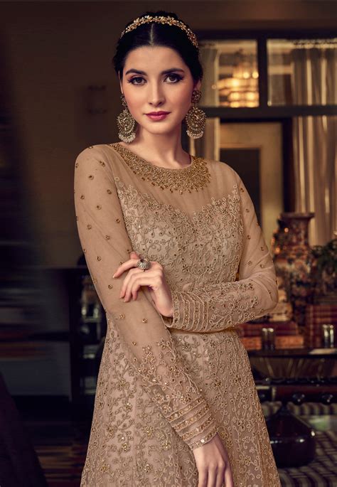 Beige Net Embroidered Long Anarkali Suit