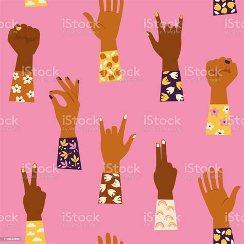 Womans Hands With Her Fist Raised Up And With Various Hands Gestures