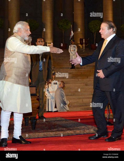 New Delhi India 26th May 2014 Pakistani Prime Minister Nawaz Sharif R Greets Narendra Modi