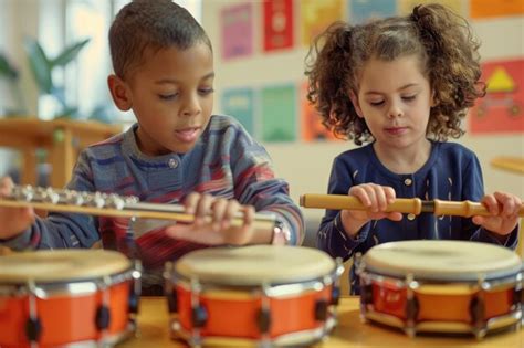 Children playing musical instruments drums flute metallophone | Premium ...