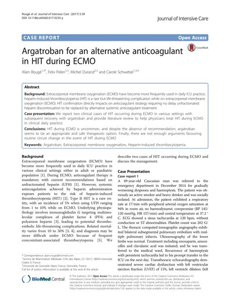 Pdf Argatroban For An Alternative Anticoagulant In Hit During Ecmo