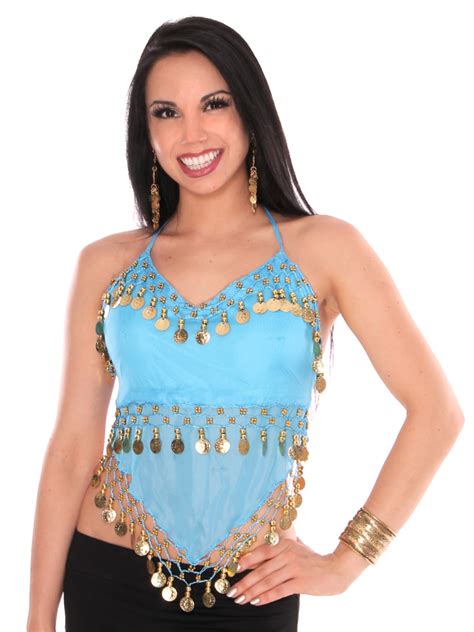 Sheer Blue Turquoise Chiffon Belly Dance Halter Top With Gold Coins