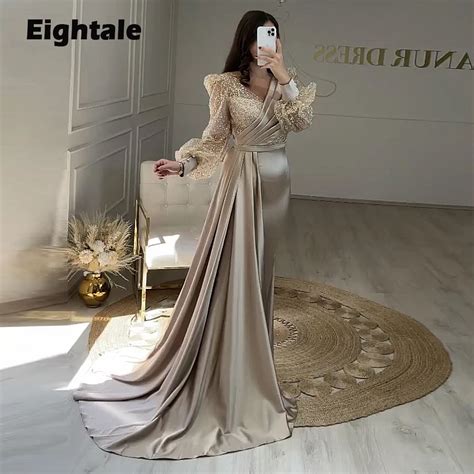 Eightale Glitter Prom Dresses For Wedding Satin V Neck Champagne Long