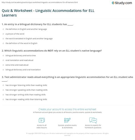 Quiz And Worksheet Linguistic Accommodations For Ell Learners