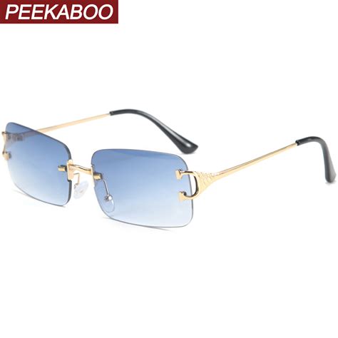 Peekaboo Blue Rectangular Sunglasses Rimless Men Metal Fashion Square