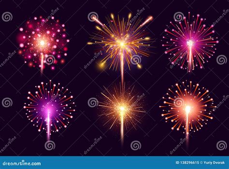 Fireworks Set Colorful Bright Festive Realistic Vector Fireworks