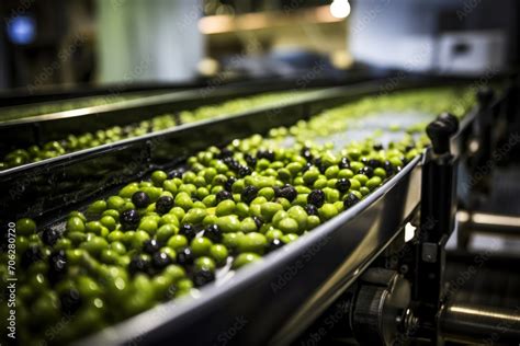 Olive Oil Production Factory Black And Green Olives On Conveyor Belt