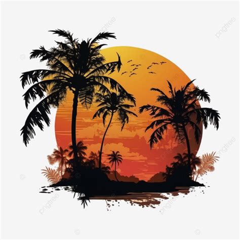 Flat Design Coconut Tree Sunset Illustration, Sunset, Sunset Illustration, Coconut Tree PNG ...