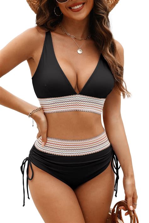 Adisputent Womens High Waisted Bikini Sets Color Block Swimsuit V Neck Tummy Control Swimwear