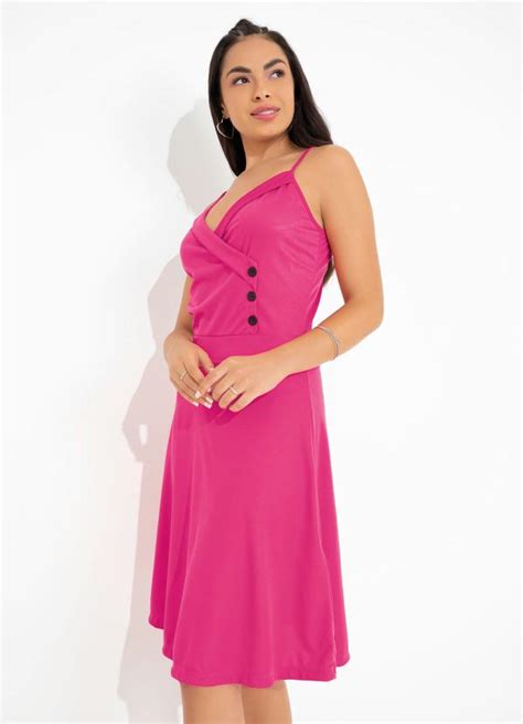 Vestido Pink Botões Decorativos e Alças Queima de Estoque