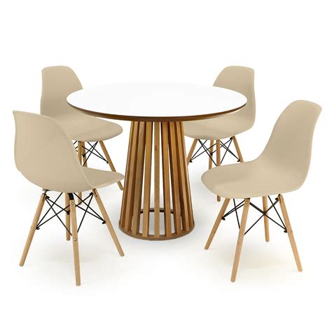 Conjunto Mesa De Jantar Redonda Luana Amadeirada Branca Cm Cadeiras Eames Eiffel Nude