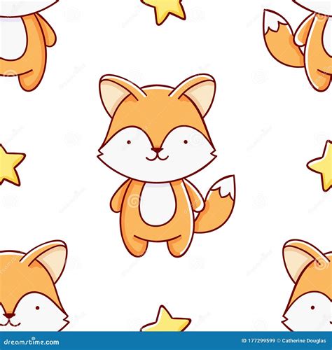 Simple Seamless Pattern Cute Kawaii Hand Drawn Fox Doodles Stock