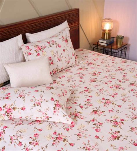 Buy Red Floral Tc Cotton Double Bedsheet Pillow Cover Mystic