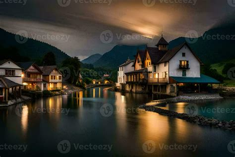 Photo Wallpaper The Sky Mountains River Houses Night River Lake