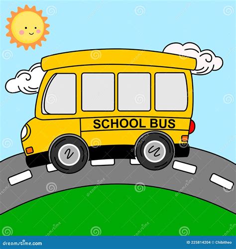 Autobús Escolar De Dibujos Animados Sol Y Nube Aislados Ilustración