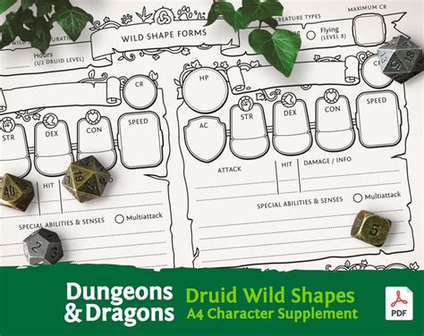 Dnd 5e Druid Wild Shapes A4 Character Sheet PDF Compatible With Fifth