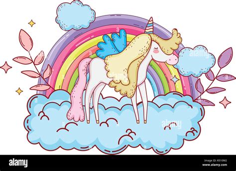 Lindo Unicornio Con Nubes Y Arcoiris Dise O Ilustraci N Vectorial