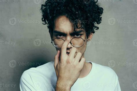 man with curly hair cropped look glasses fashion studio 23764117 Stock ...