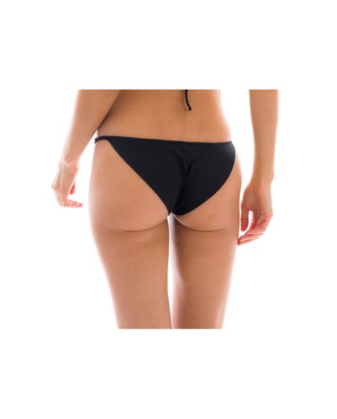 Adjustable Black Textured Cheeky Bikini Bottom Bottom Cloque Preto