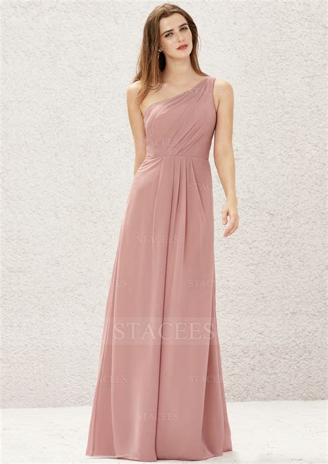 A Line One Shoulder Long Floor Length Chiffon Bridesmaid Dress With