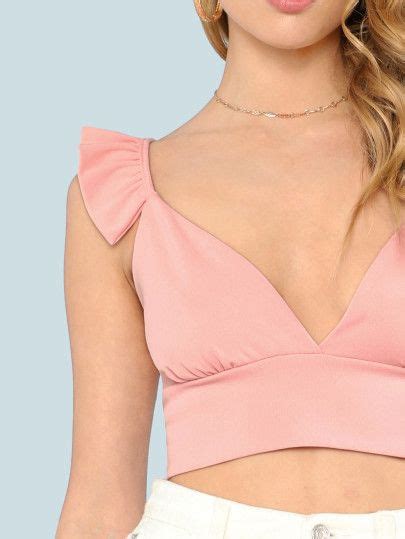 Deep V Ruffle Strap Crop Top Pink Crop Tops Strap Crop Top Tops