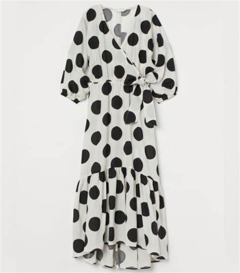 Hm Lyocell Dress Cream Dress Calf Length Dress Polka Dot Shirt Dress