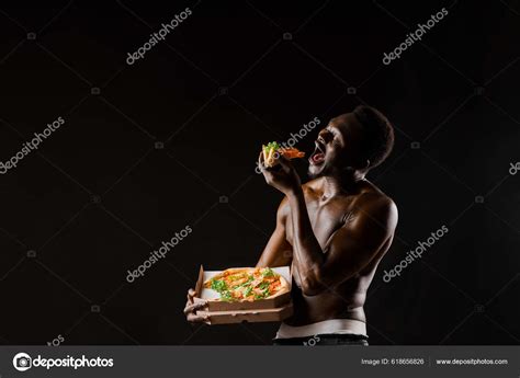 Black Handsome Naked Man Eats Pizza Safety Food Delivery People Stock Photo By YAY Images