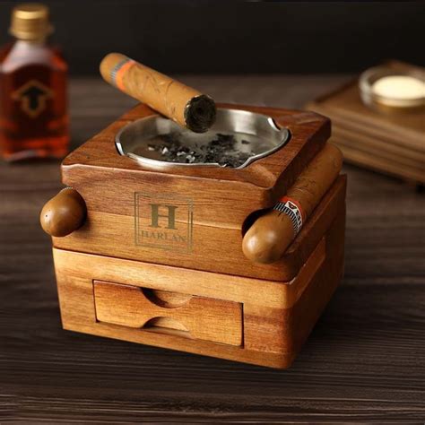 Custom Whiskey And Cigar Tray Glass Holder 2 In 1 Wooden Cigar Ashtray With Whiskey Glass Holder